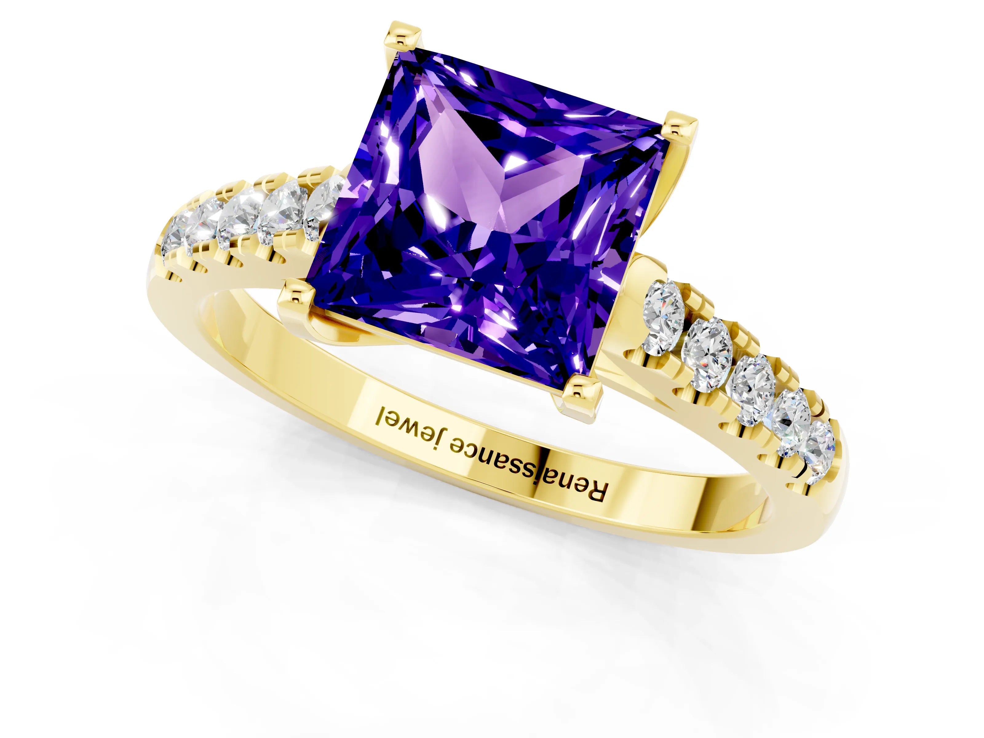 Yellow gold {shape_name} Tanzanite Solitaire Ring with Pavé Band and Four-Prong Setting_1