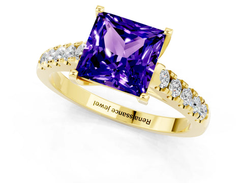 Yellow gold {shape_name} Tanzanite Solitaire Ring with Pavé Band and Four-Prong Setting_1