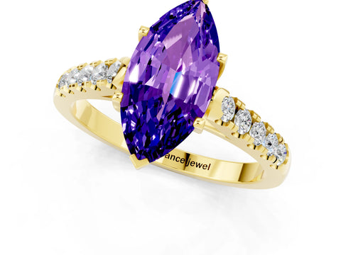 Yellow gold {shape_name} Tanzanite Solitaire Ring with Pavé Band and Four-Prong Setting_1