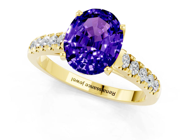 Yellow gold Oval Cut Tanzanite Pavé Band Solitaire Ring with Prong Setting