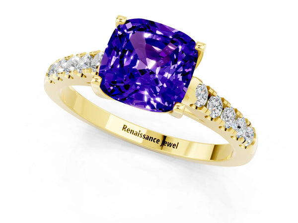 Yellow gold Cushion Cut Tanzanite Pavé Band Solitaire Ring with Prong Setting