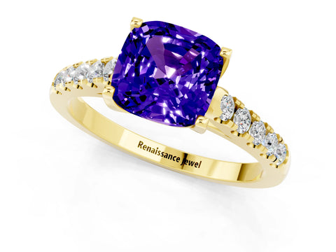 Yellow gold {shape_name} Tanzanite Solitaire Ring with Pavé Band and Four-Prong Setting_1