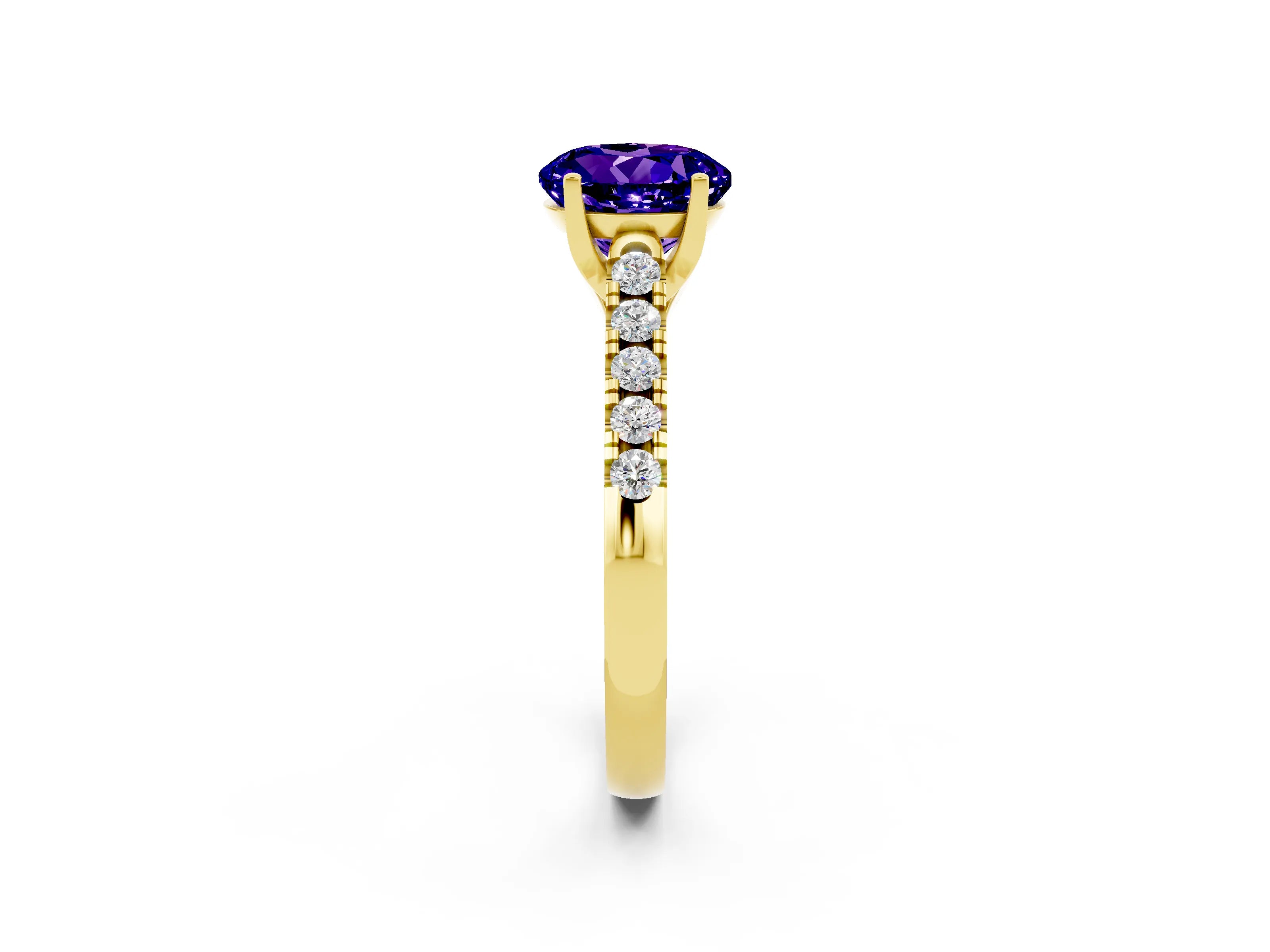 Yellow gold {shape_name} Tanzanite Solitaire Ring with Pavé Band and Four-Prong Setting_2