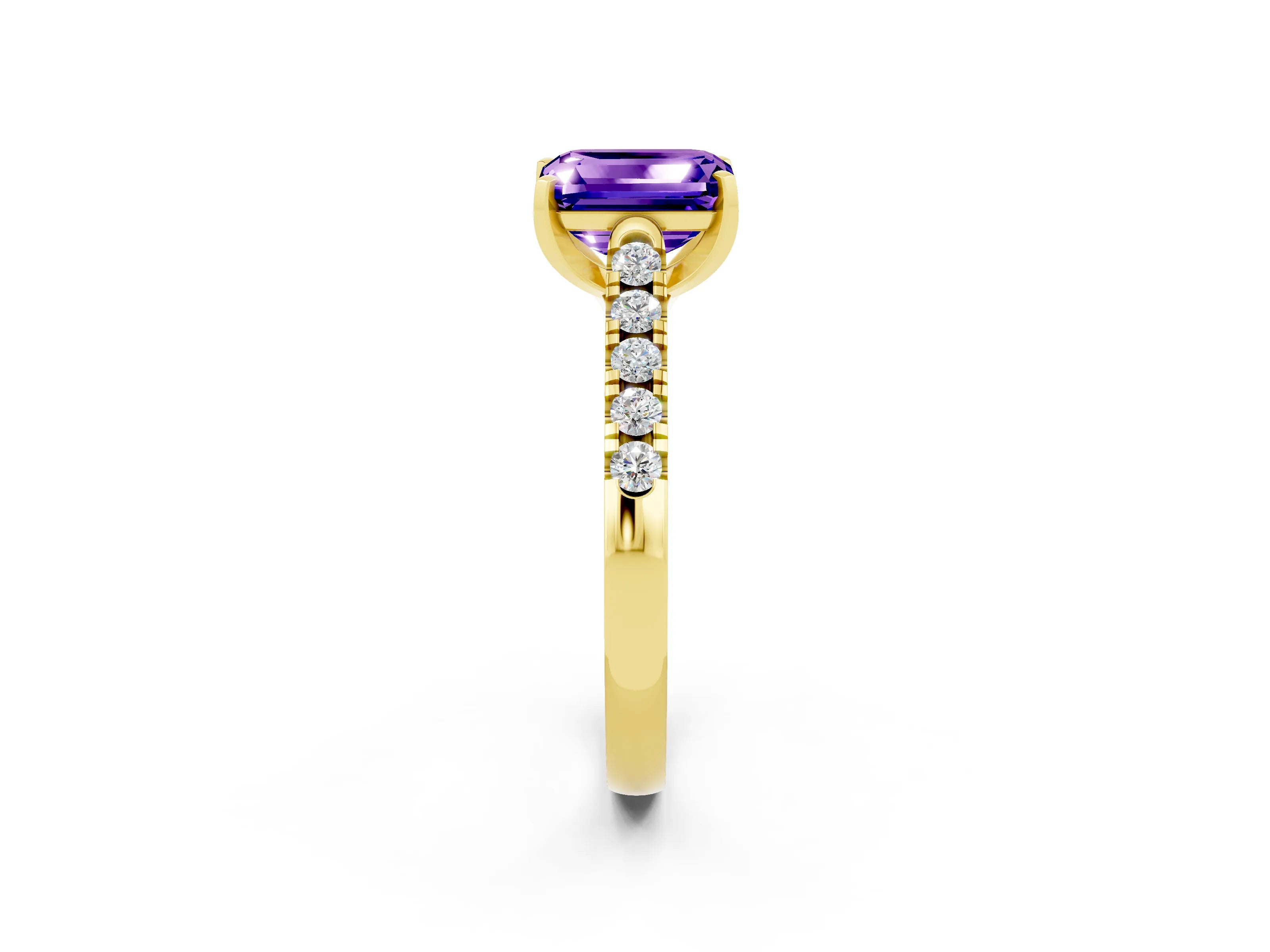 Yellow gold {shape_name} Tanzanite Solitaire Ring with Pavé Band and Four-Prong Setting_2