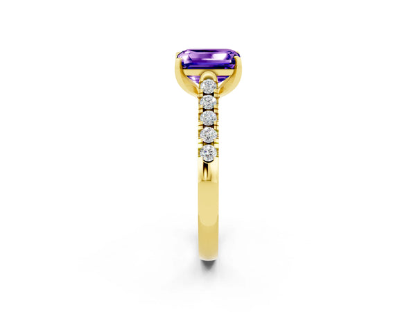 Yellow gold Emerald Cut Tanzanite Pavé Band Solitaire Ring with Prong Setting