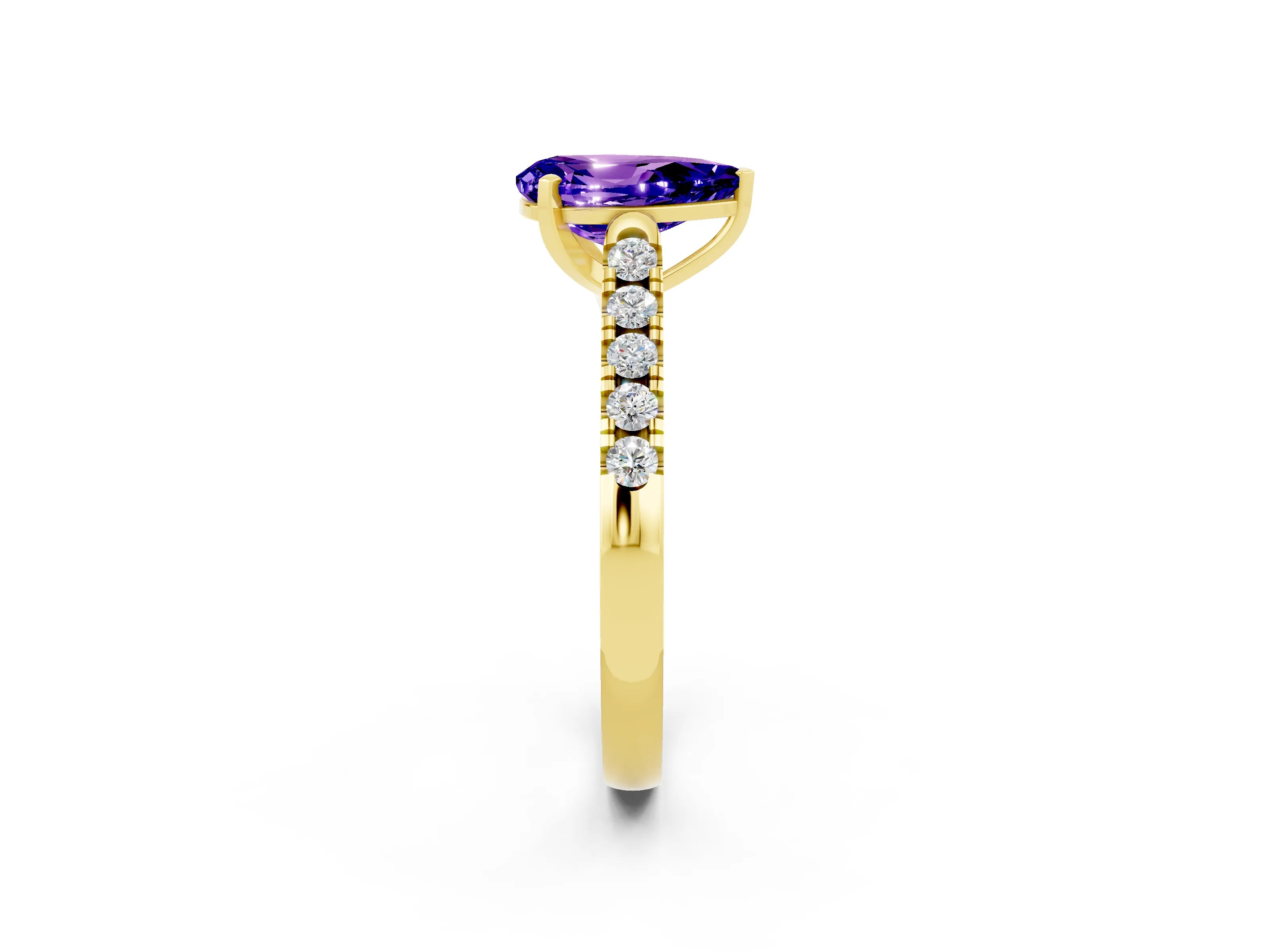 Yellow gold {shape_name} Tanzanite Solitaire Ring with Pavé Band and Four-Prong Setting_2