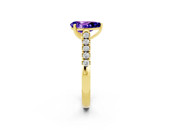 Yellow gold Pear Cut Tanzanite Pavé Band Solitaire Ring with Prong Setting