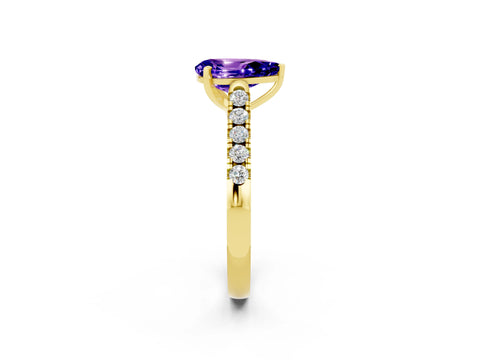 Yellow gold {shape_name} Tanzanite Solitaire Ring with Pavé Band and Four-Prong Setting_2