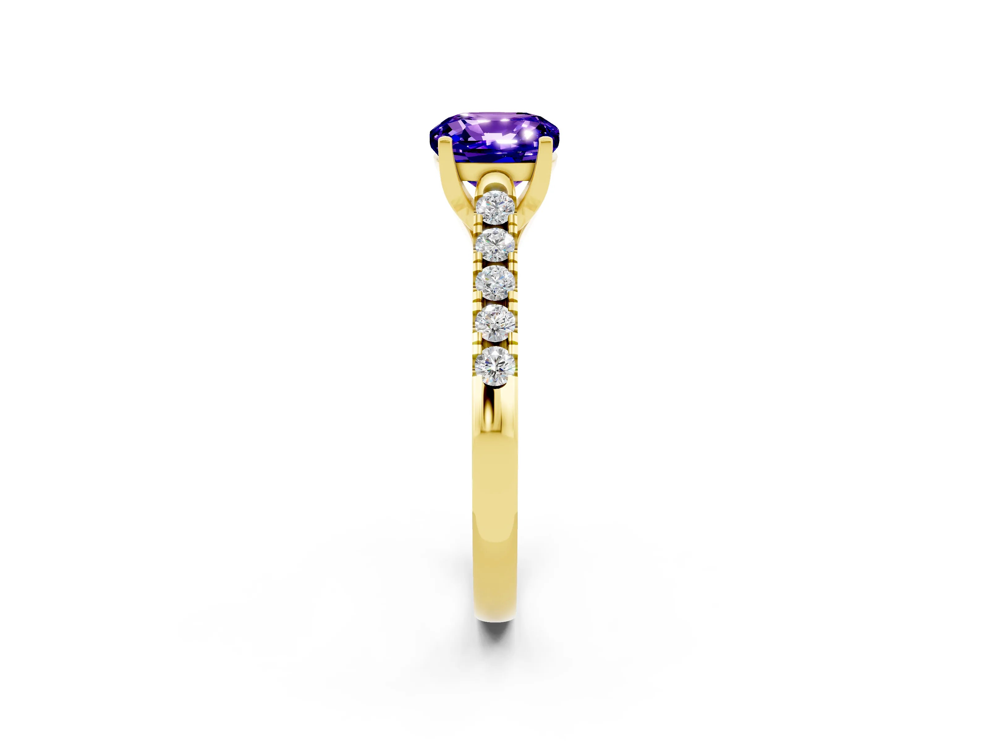 Yellow gold {shape_name} Tanzanite Solitaire Ring with Pavé Band and Four-Prong Setting_2