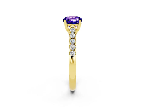 Yellow gold {shape_name} Tanzanite Solitaire Ring with Pavé Band and Four-Prong Setting_2