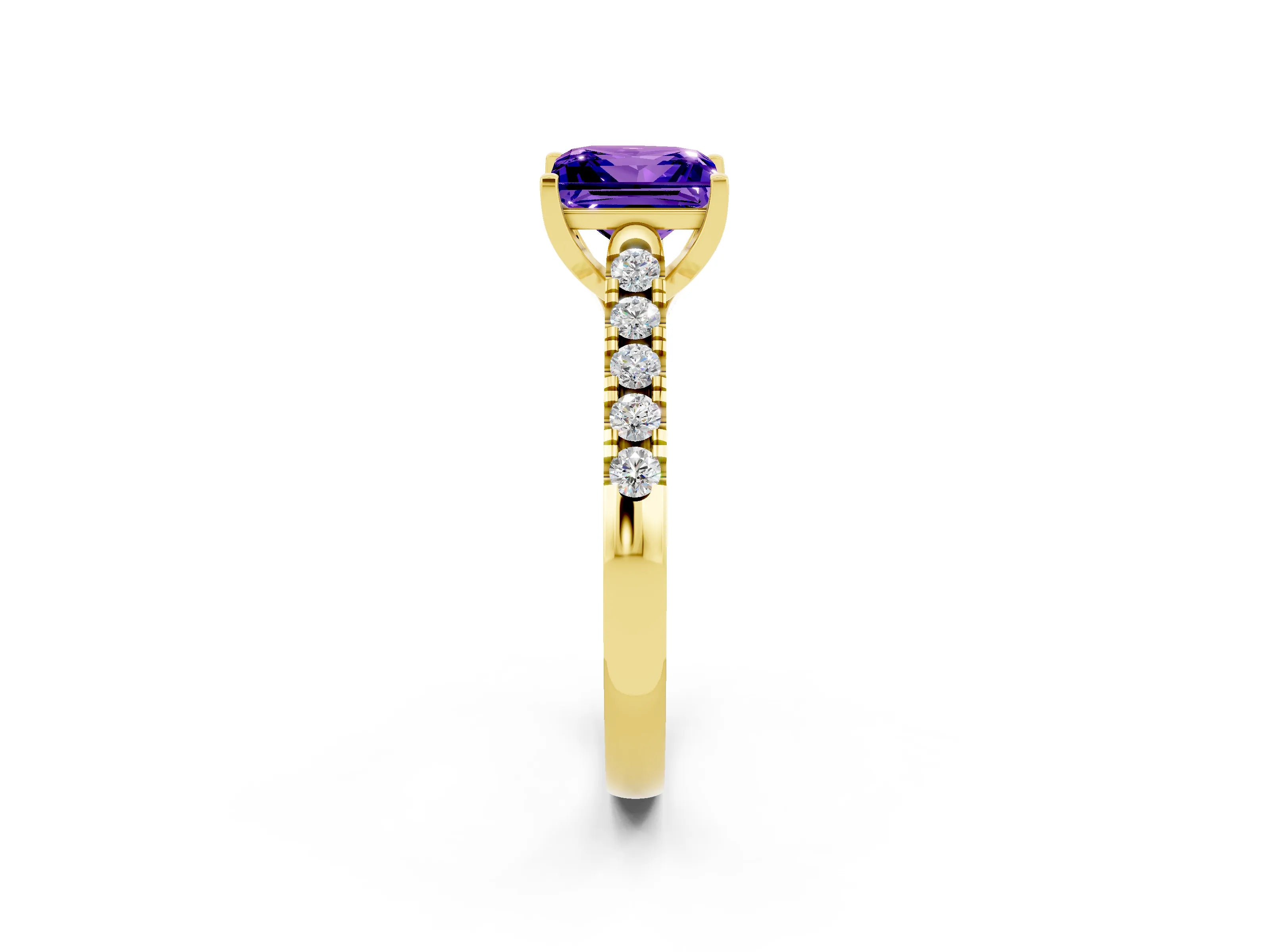 Yellow gold {shape_name} Tanzanite Solitaire Ring with Pavé Band and Four-Prong Setting_2