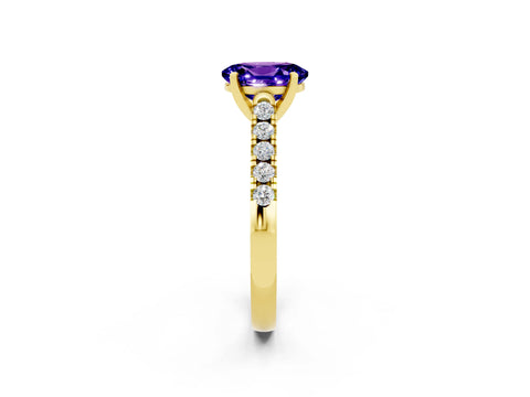 Yellow gold {shape_name} Tanzanite Solitaire Ring with Pavé Band and Four-Prong Setting_2