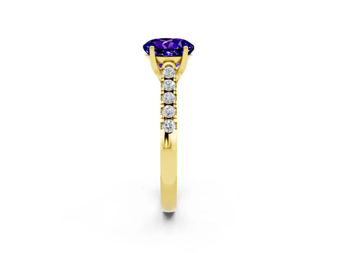Yellow gold {shape_name} Tanzanite Solitaire Ring with Pavé Band and Four-Prong Setting_2