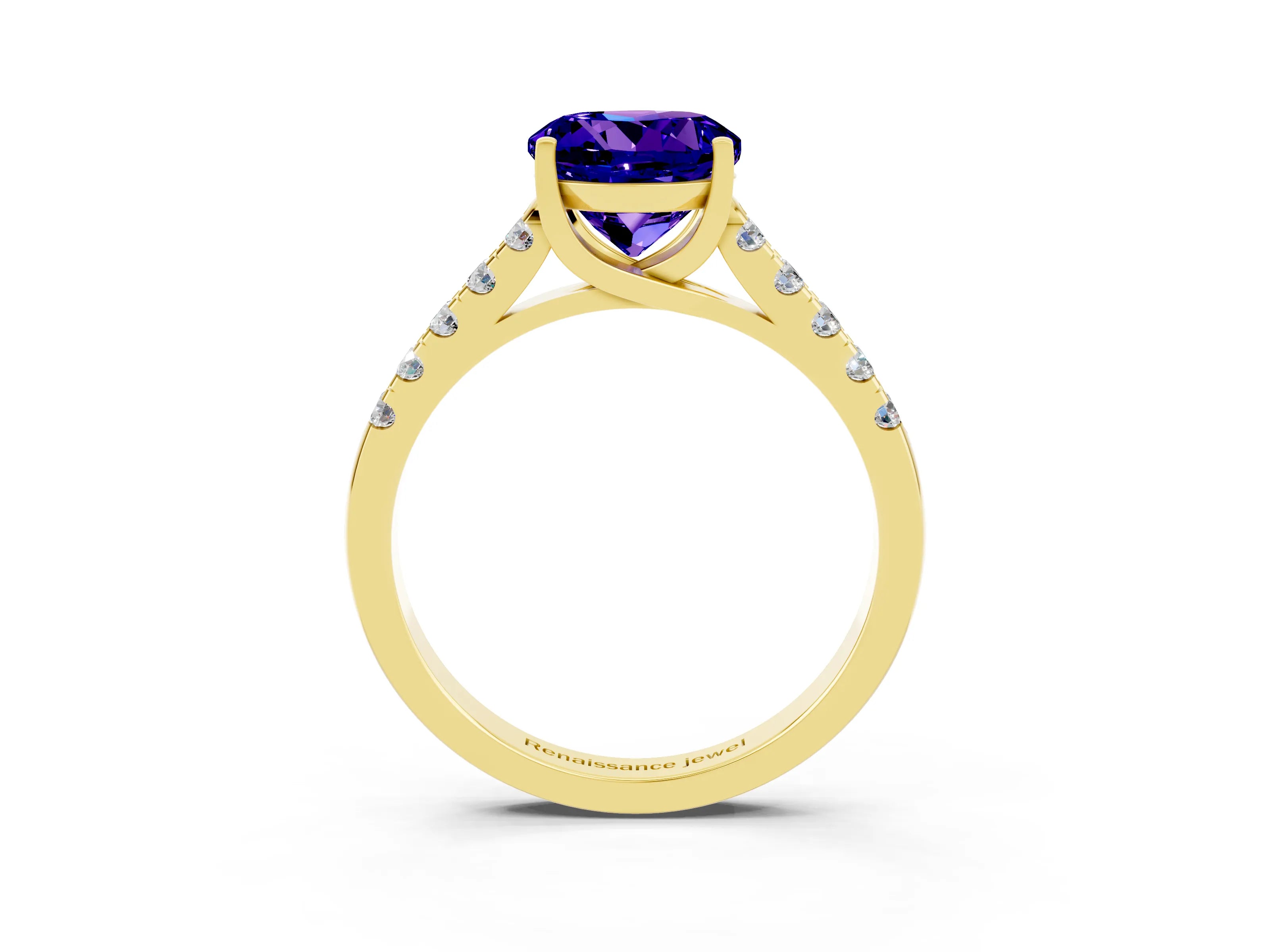 Yellow gold {shape_name} Tanzanite Solitaire Ring with Pavé Band and Four-Prong Setting_3