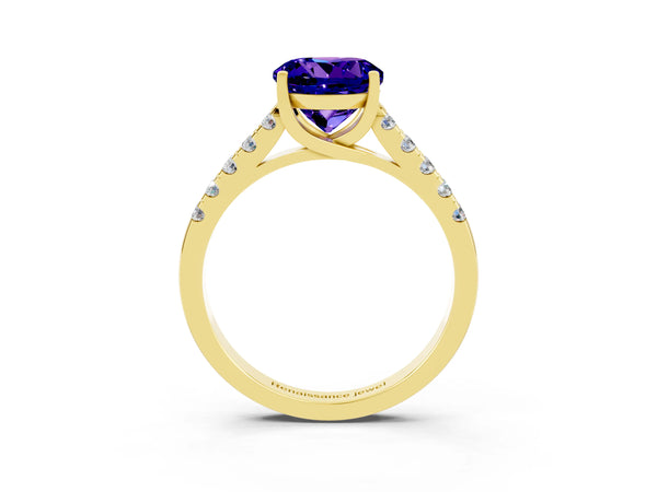 Yellow gold Round Cut Tanzanite Pavé Band Solitaire Ring with Prong Setting