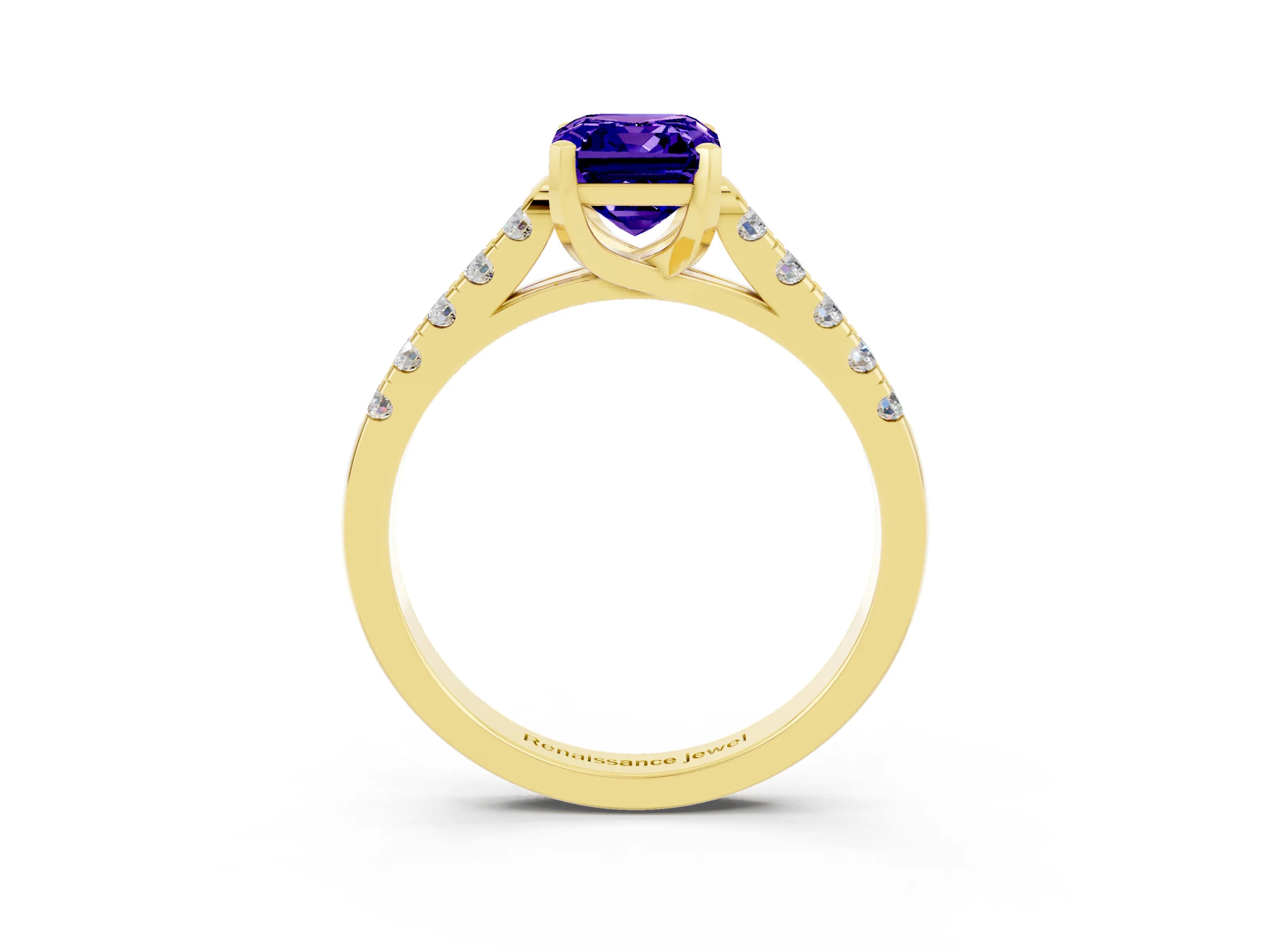 Yellow gold {shape_name} Tanzanite Solitaire Ring with Pavé Band and Four-Prong Setting_3