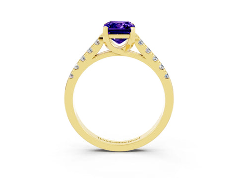 Yellow gold {shape_name} Tanzanite Solitaire Ring with Pavé Band and Four-Prong Setting_3