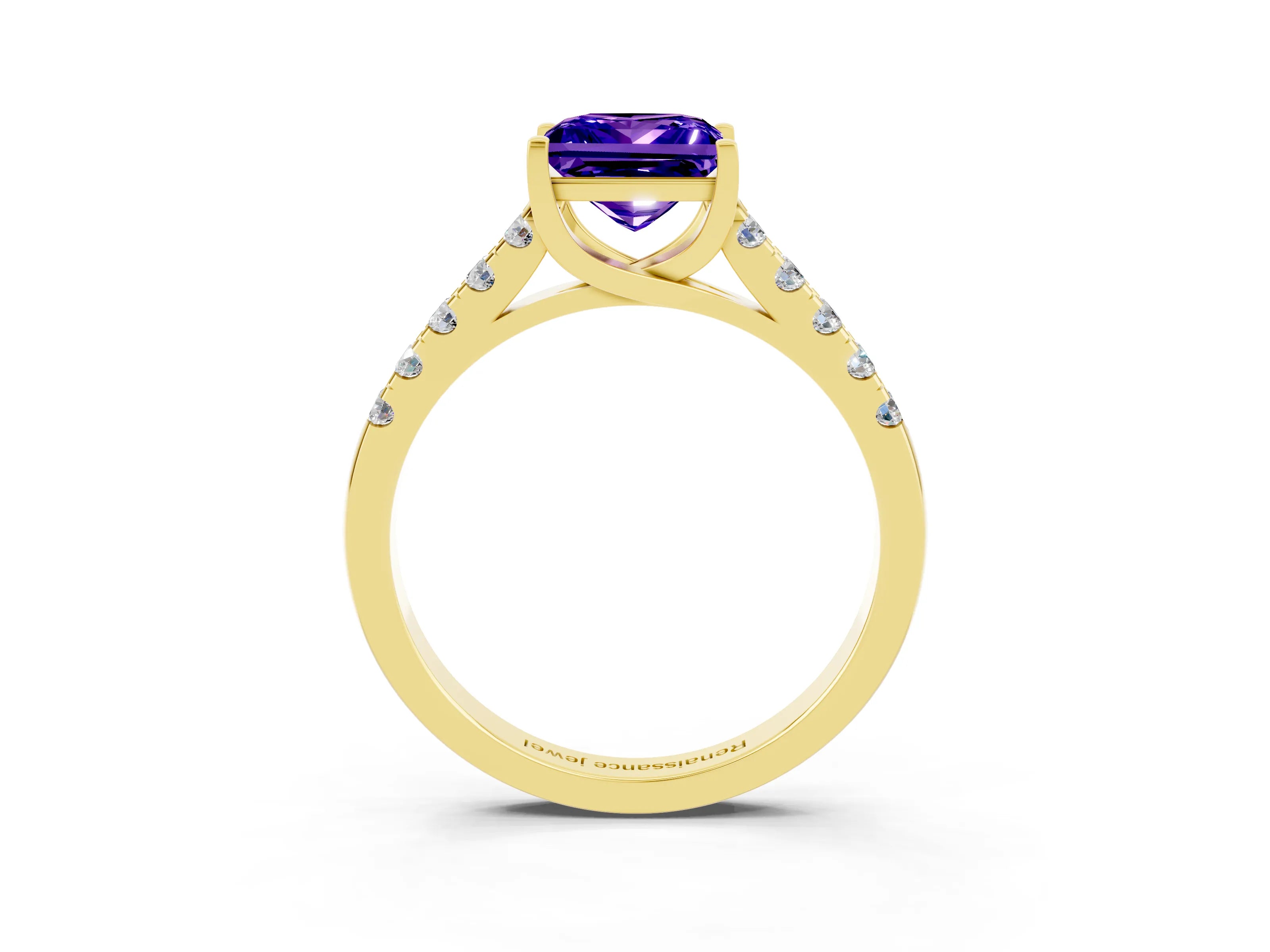 Yellow gold {shape_name} Tanzanite Solitaire Ring with Pavé Band and Four-Prong Setting_3