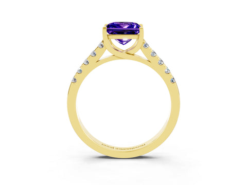 Yellow gold {shape_name} Tanzanite Solitaire Ring with Pavé Band and Four-Prong Setting_3