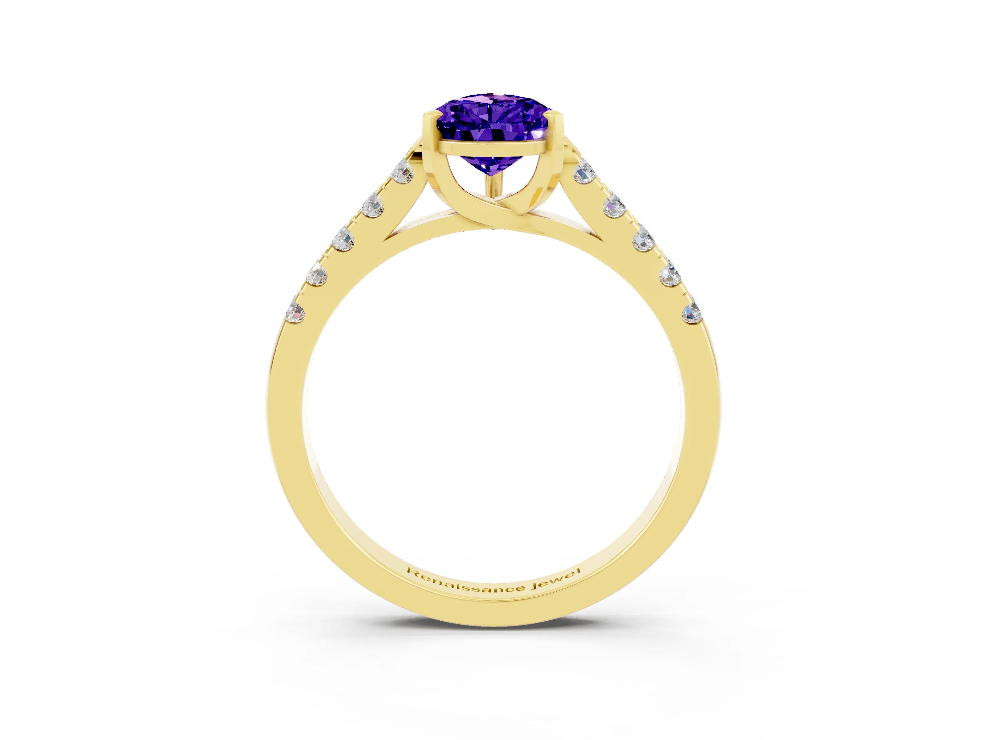 Yellow gold {shape_name} Tanzanite Solitaire Ring with Pavé Band and Four-Prong Setting_3