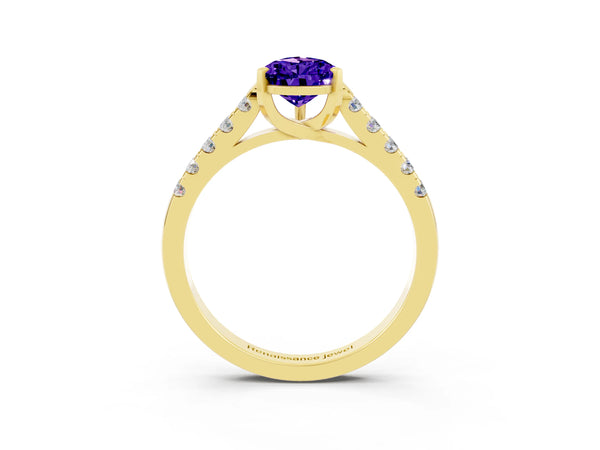 Yellow gold Pear Cut Tanzanite Pavé Band Solitaire Ring with Prong Setting