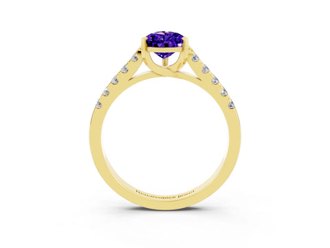 Yellow gold {shape_name} Tanzanite Solitaire Ring with Pavé Band and Four-Prong Setting_3