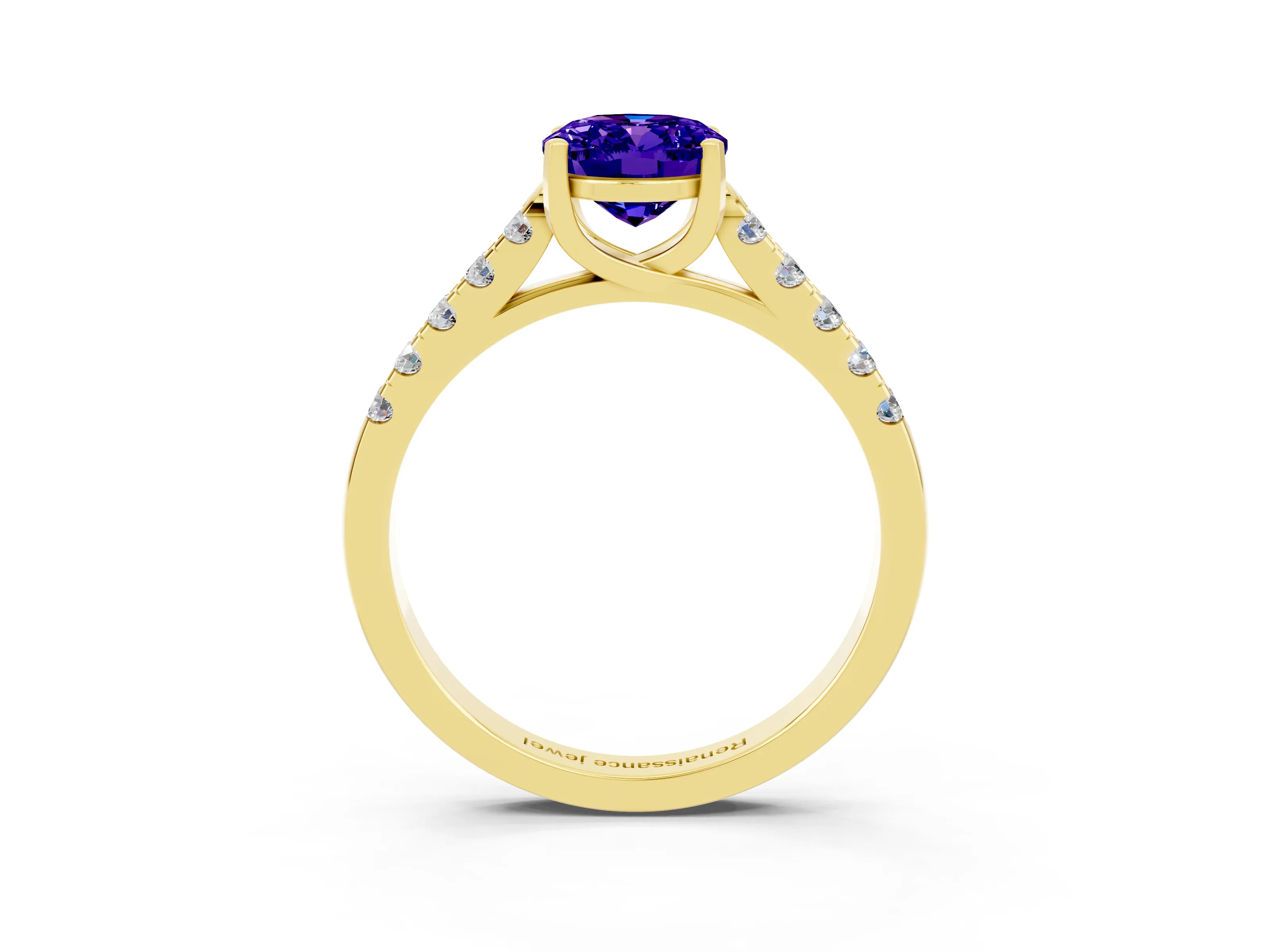 Yellow gold {shape_name} Tanzanite Solitaire Ring with Pavé Band and Four-Prong Setting_3