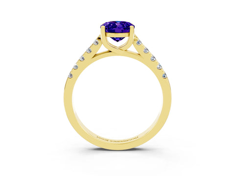 Yellow gold {shape_name} Tanzanite Solitaire Ring with Pavé Band and Four-Prong Setting_3