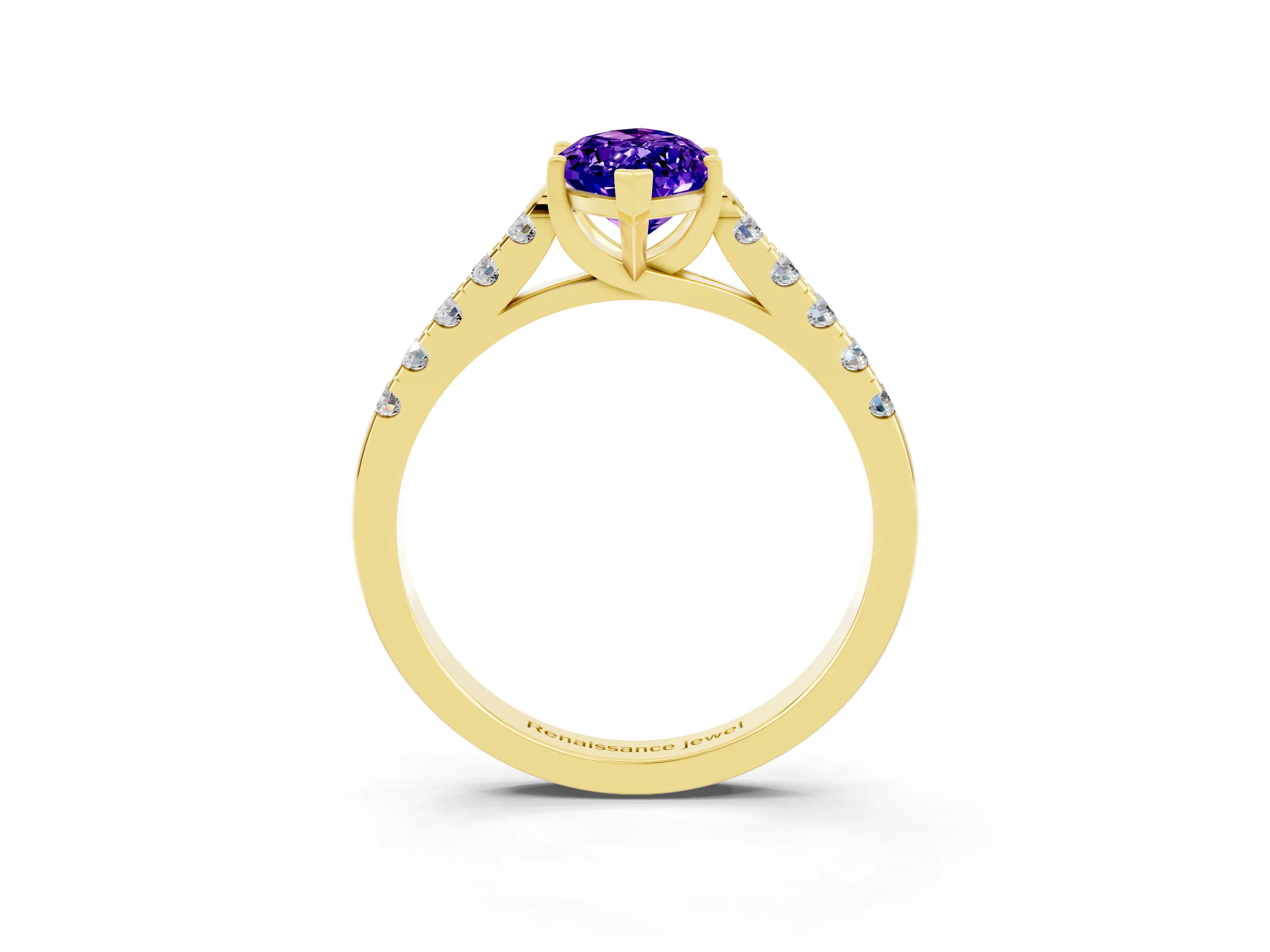 Yellow gold {shape_name} Tanzanite Solitaire Ring with Pavé Band and Four-Prong Setting_3
