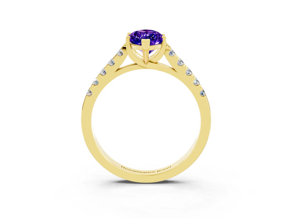 Yellow gold Marquise Cut Tanzanite Pavé Band Solitaire Ring with Prong Setting