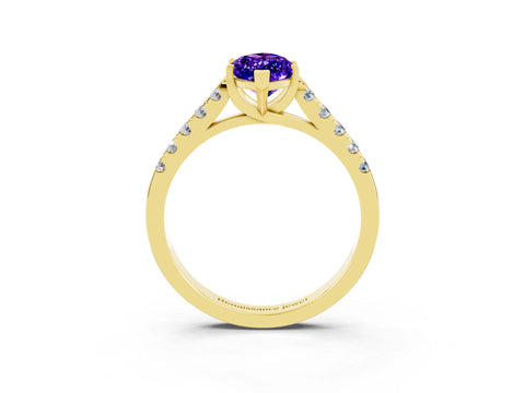 Yellow gold {shape_name} Tanzanite Solitaire Ring with Pavé Band and Four-Prong Setting_3