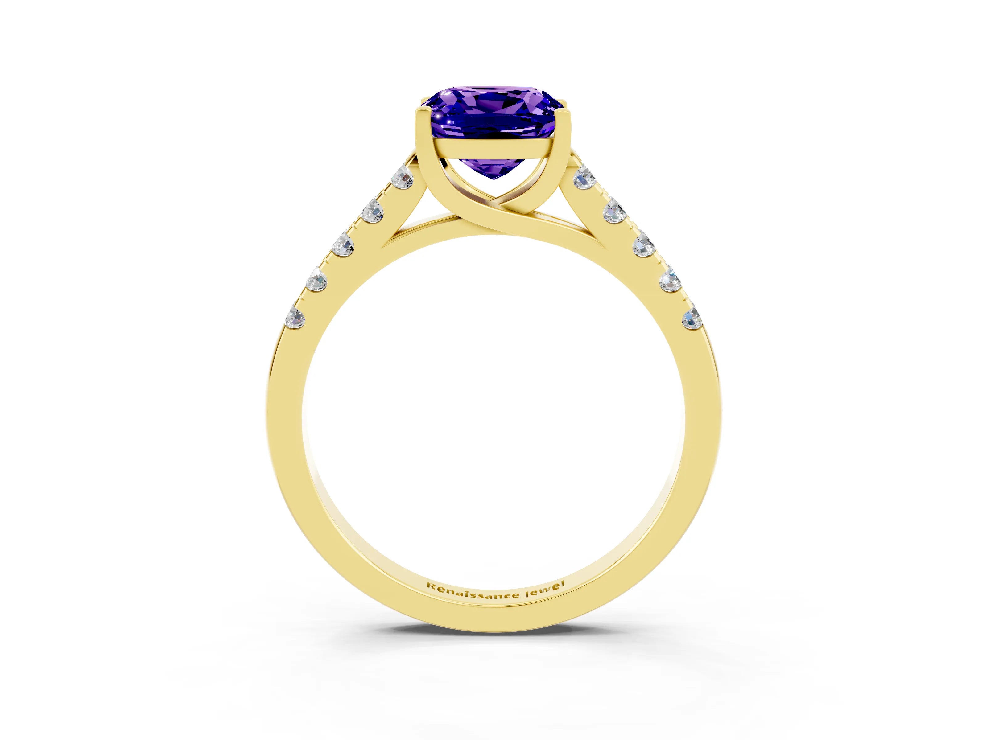 Yellow gold {shape_name} Tanzanite Solitaire Ring with Pavé Band and Four-Prong Setting_3