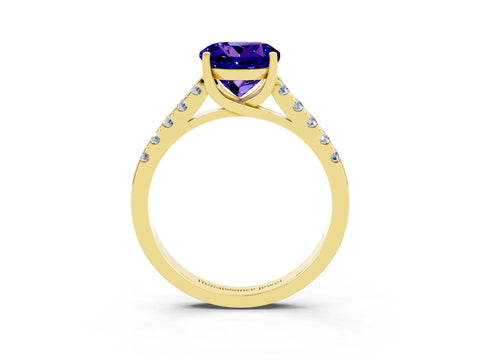 Yellow gold {shape_name} Tanzanite Solitaire Ring with Pavé Band and Four-Prong Setting_3