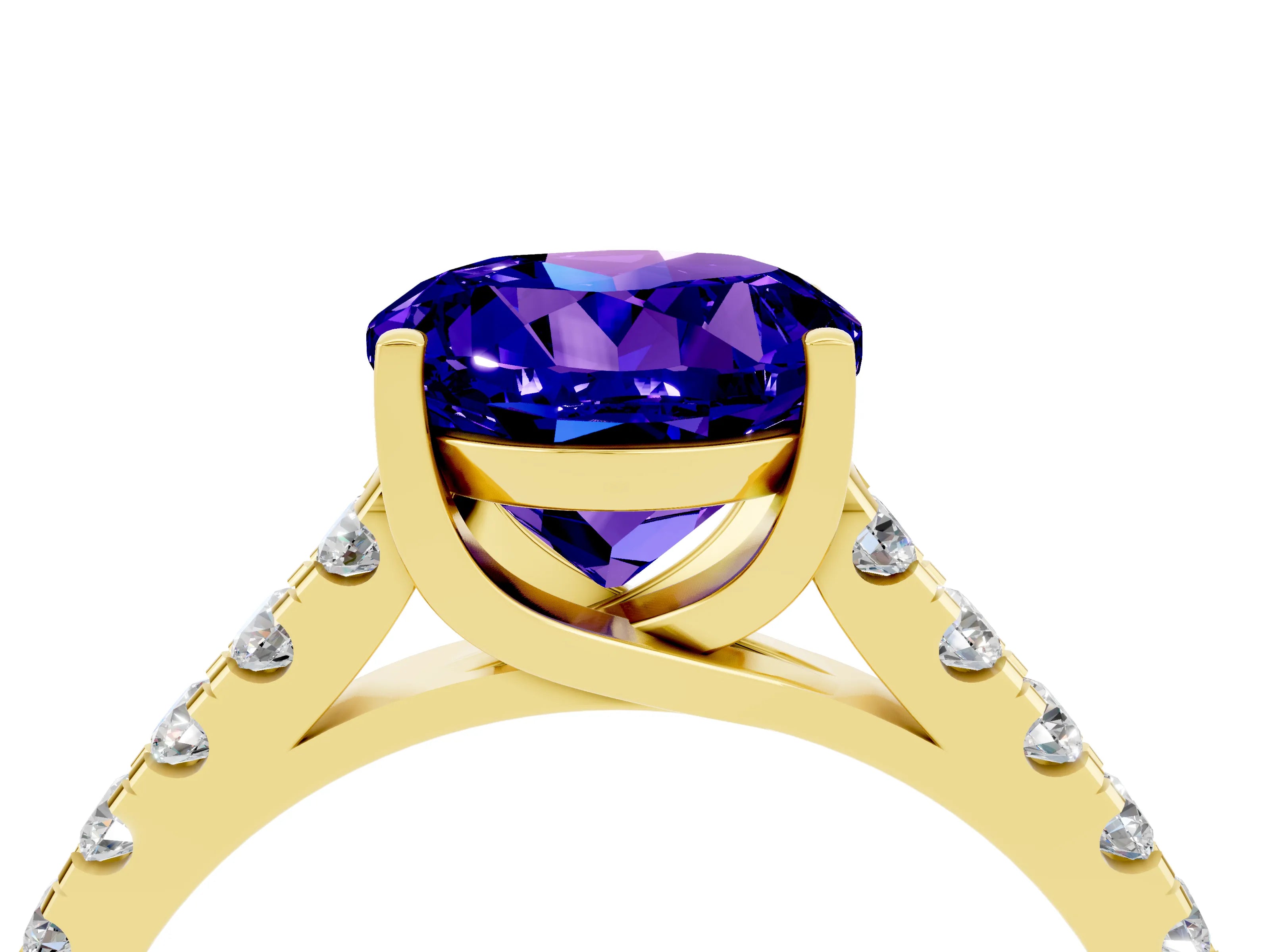 Yellow gold {shape_name} Tanzanite Solitaire Ring with Pavé Band and Four-Prong Setting_4