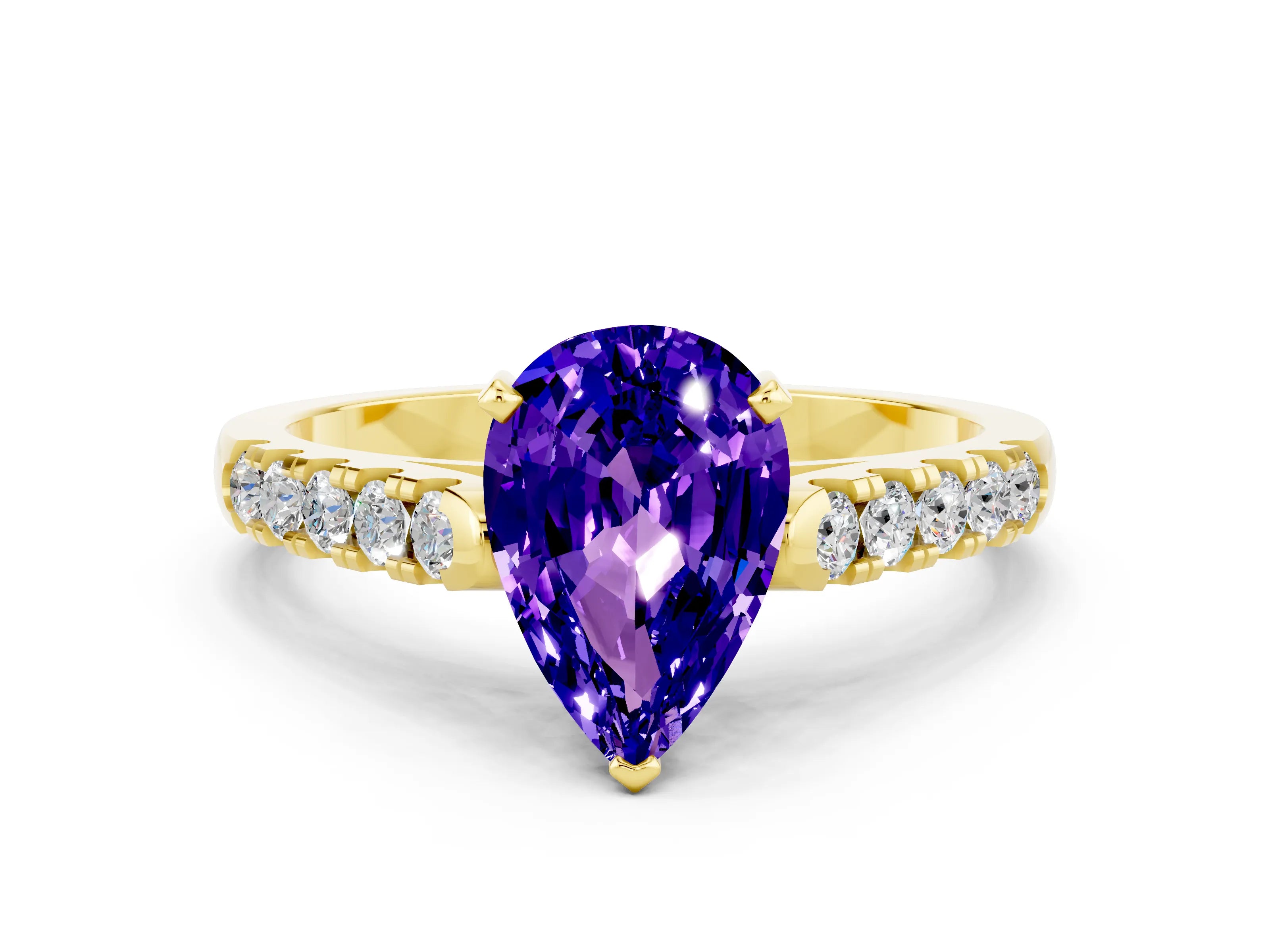 Yellow gold {shape_name} Tanzanite Solitaire Ring with Pavé Band and Four-Prong Setting