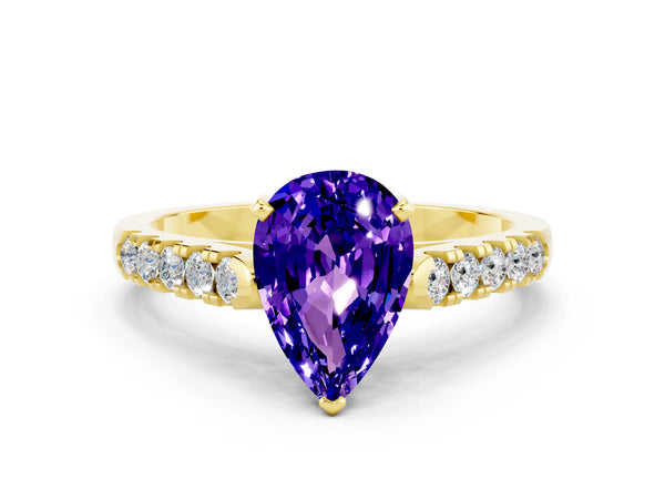 Yellow gold Pear Cut Tanzanite Pavé Band Solitaire Ring with Prong Setting