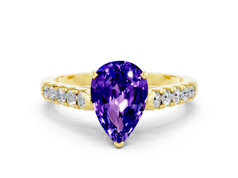 Yellow gold {shape_name} Tanzanite Solitaire Ring with Pavé Band and Four-Prong Setting