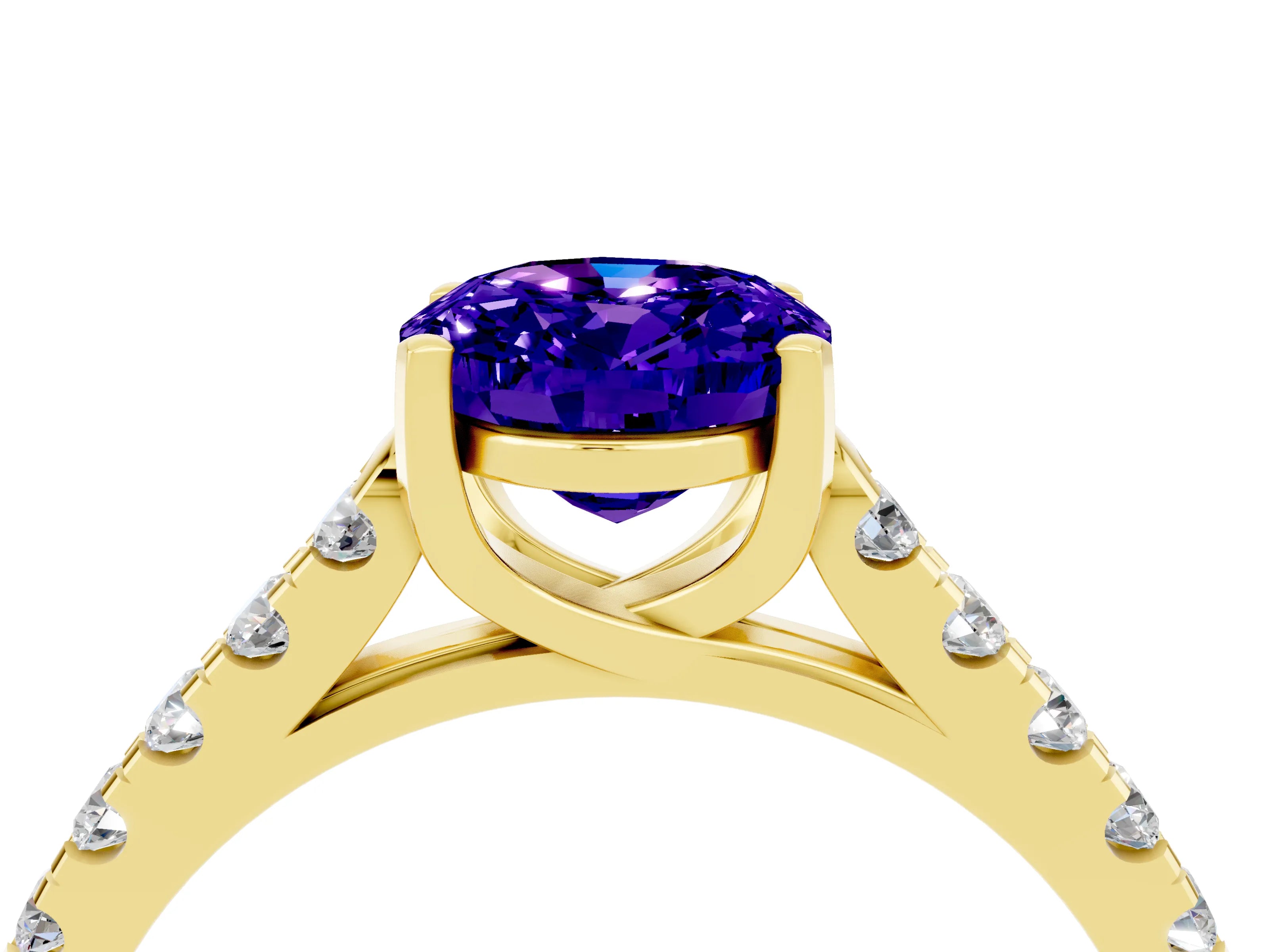 Yellow gold {shape_name} Tanzanite Solitaire Ring with Pavé Band and Four-Prong Setting_4