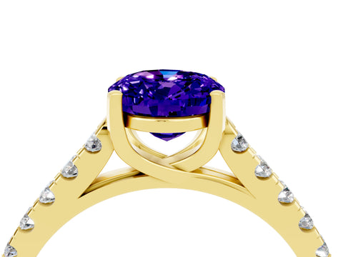 Yellow gold {shape_name} Tanzanite Solitaire Ring with Pavé Band and Four-Prong Setting_4