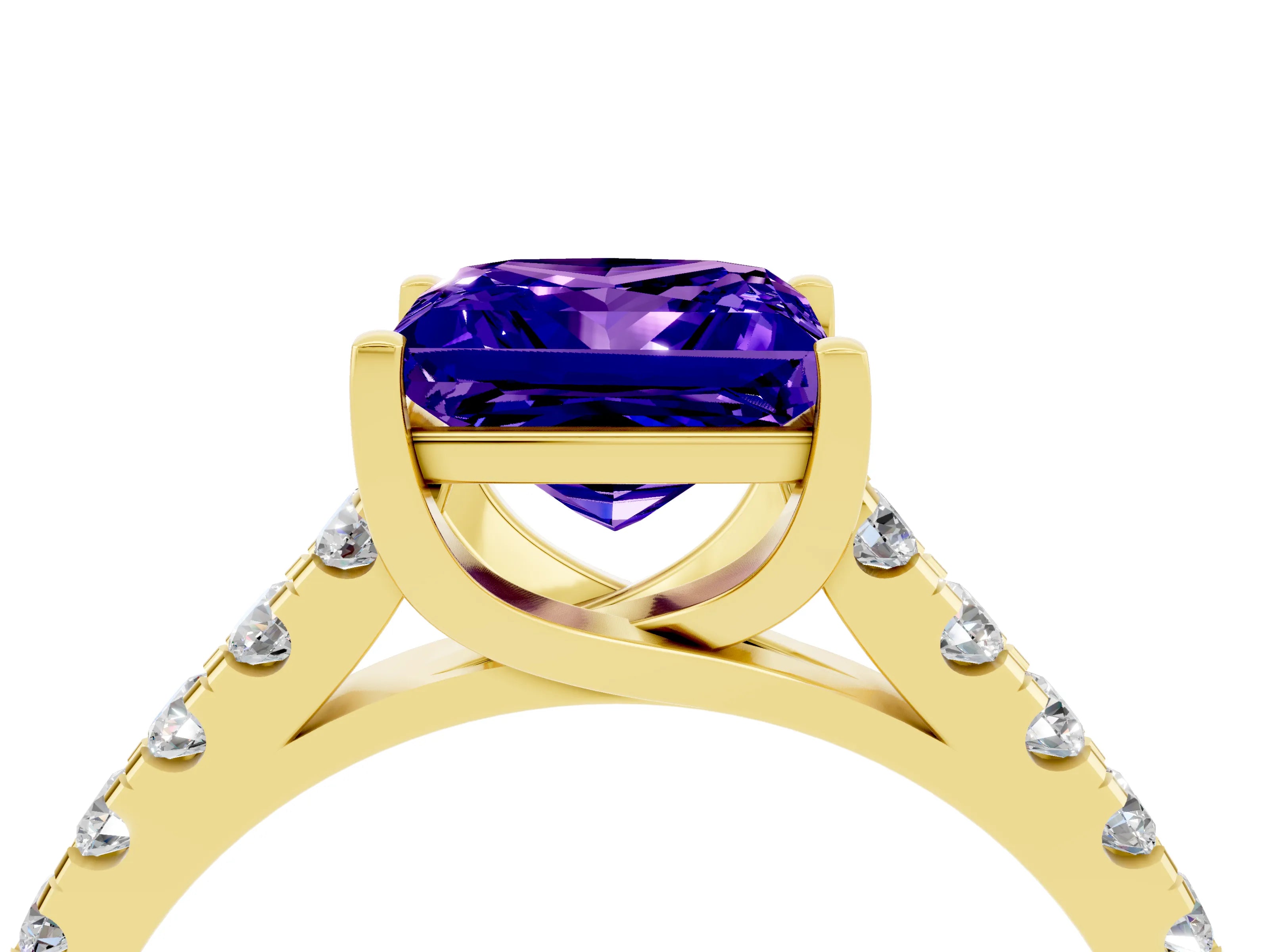 Yellow gold {shape_name} Tanzanite Solitaire Ring with Pavé Band and Four-Prong Setting_4