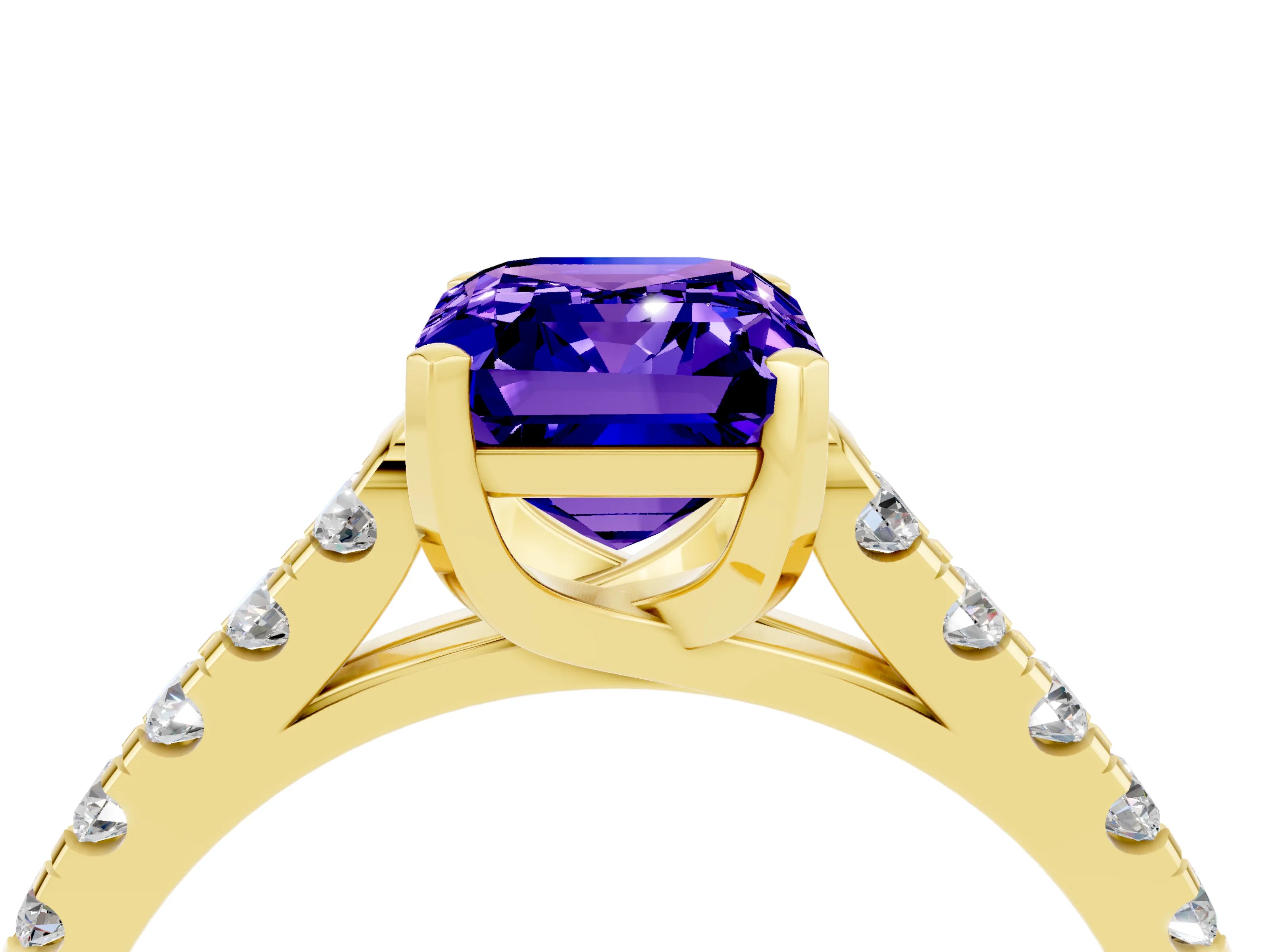 Yellow gold {shape_name} Tanzanite Solitaire Ring with Pavé Band and Four-Prong Setting_4