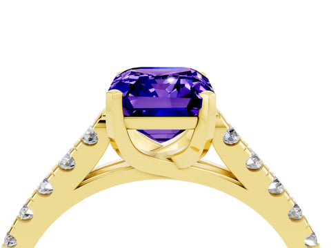 Yellow gold {shape_name} Tanzanite Solitaire Ring with Pavé Band and Four-Prong Setting_4