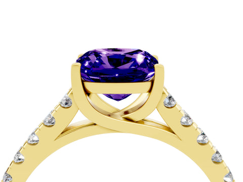 Yellow gold {shape_name} Tanzanite Solitaire Ring with Pavé Band and Four-Prong Setting_4