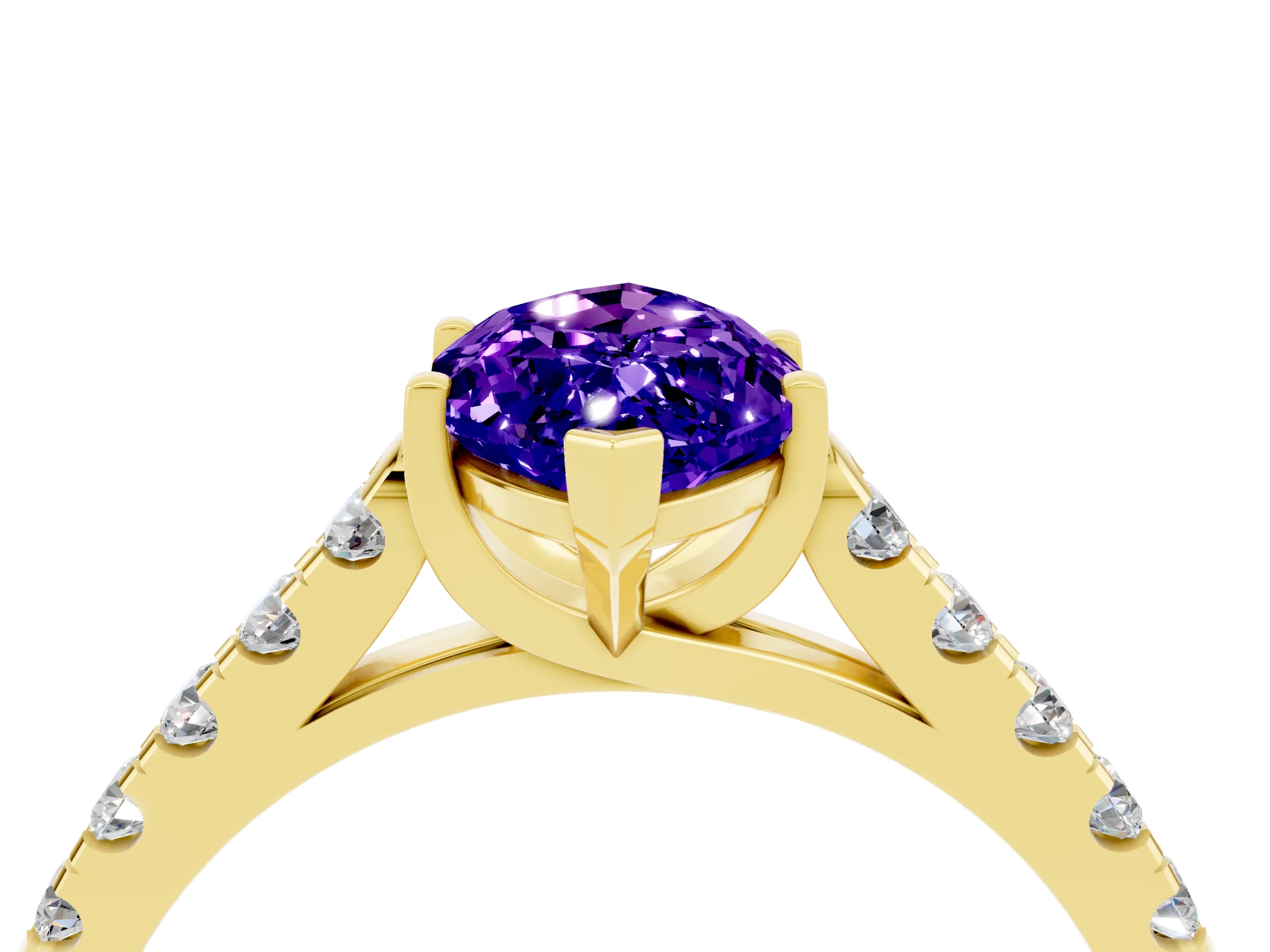 Yellow gold {shape_name} Tanzanite Solitaire Ring with Pavé Band and Four-Prong Setting_4