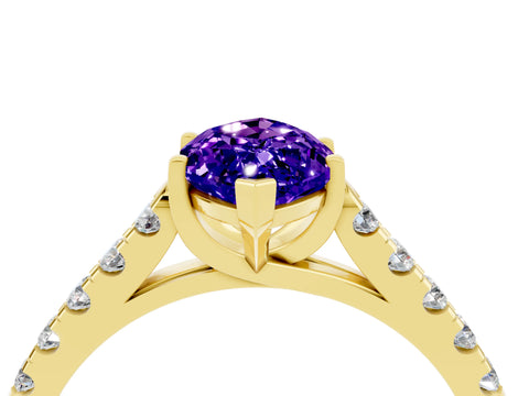 Yellow gold {shape_name} Tanzanite Solitaire Ring with Pavé Band and Four-Prong Setting_4