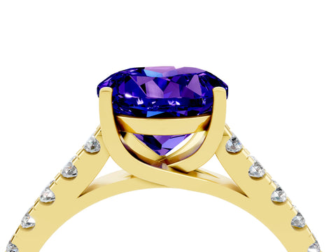 Yellow gold {shape_name} Tanzanite Solitaire Ring with Pavé Band and Four-Prong Setting_4