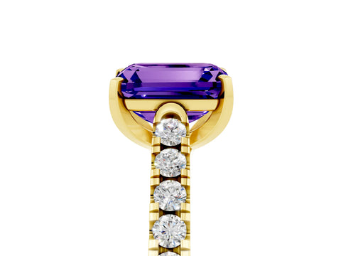 Yellow gold {shape_name} Tanzanite Solitaire Ring with Pavé Band and Four-Prong Setting_5