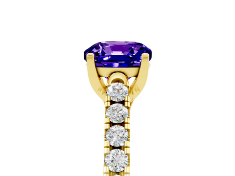 Yellow gold {shape_name} Tanzanite Solitaire Ring with Pavé Band and Four-Prong Setting_5