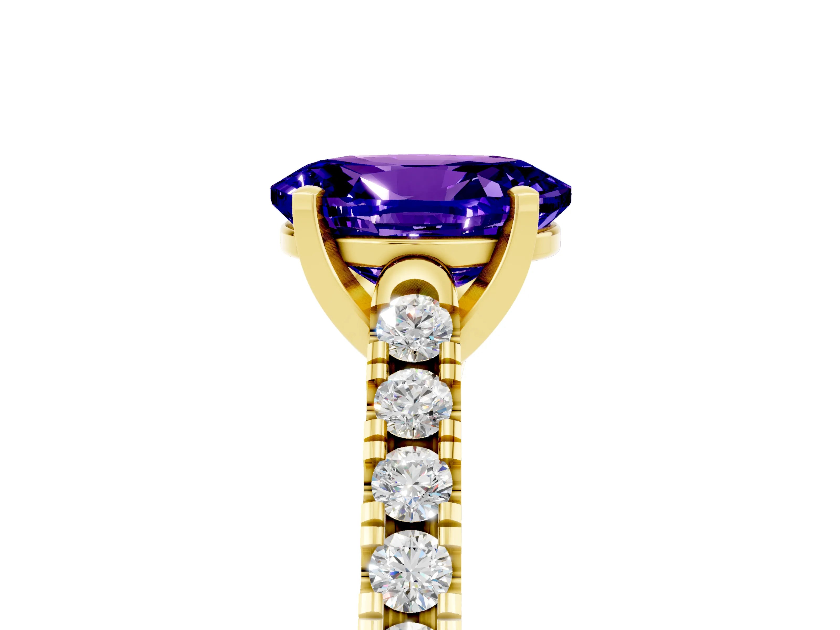 Yellow gold {shape_name} Tanzanite Solitaire Ring with Pavé Band and Four-Prong Setting_5