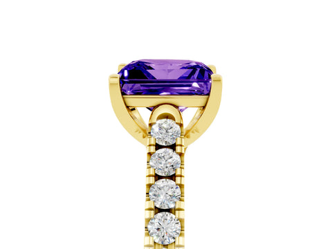 Yellow gold {shape_name} Tanzanite Solitaire Ring with Pavé Band and Four-Prong Setting_5